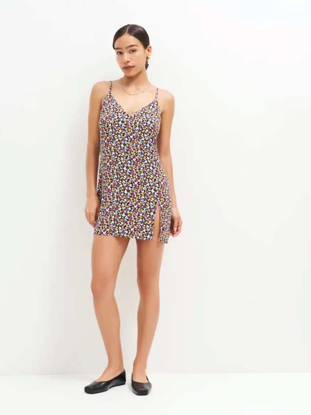 Reformation Black Multicolor Floral Slip Dress